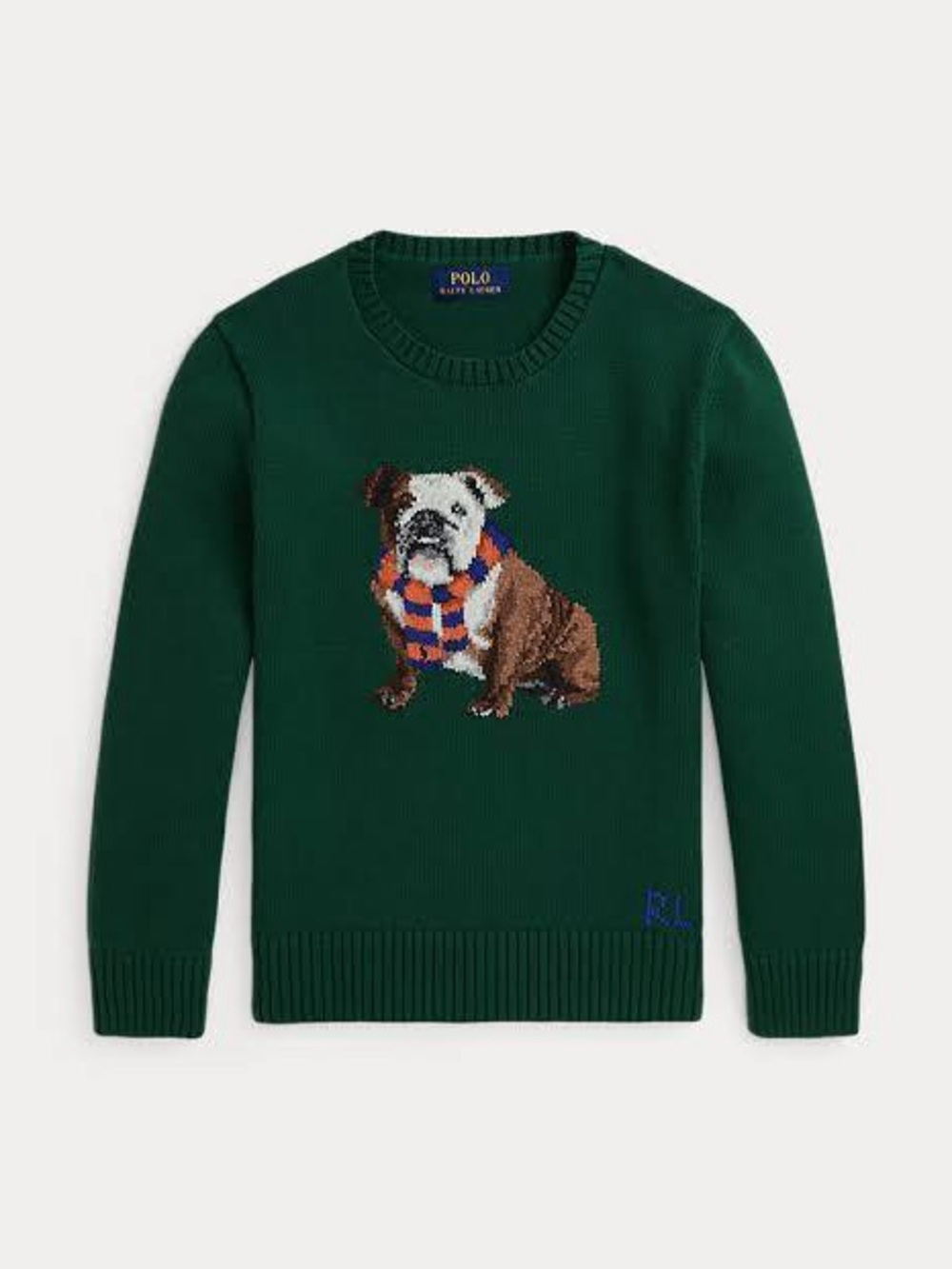 Polo Ralph Lauren English Bulldog Intarsia Knit Green Cotton Boy’s Sweater. XL.